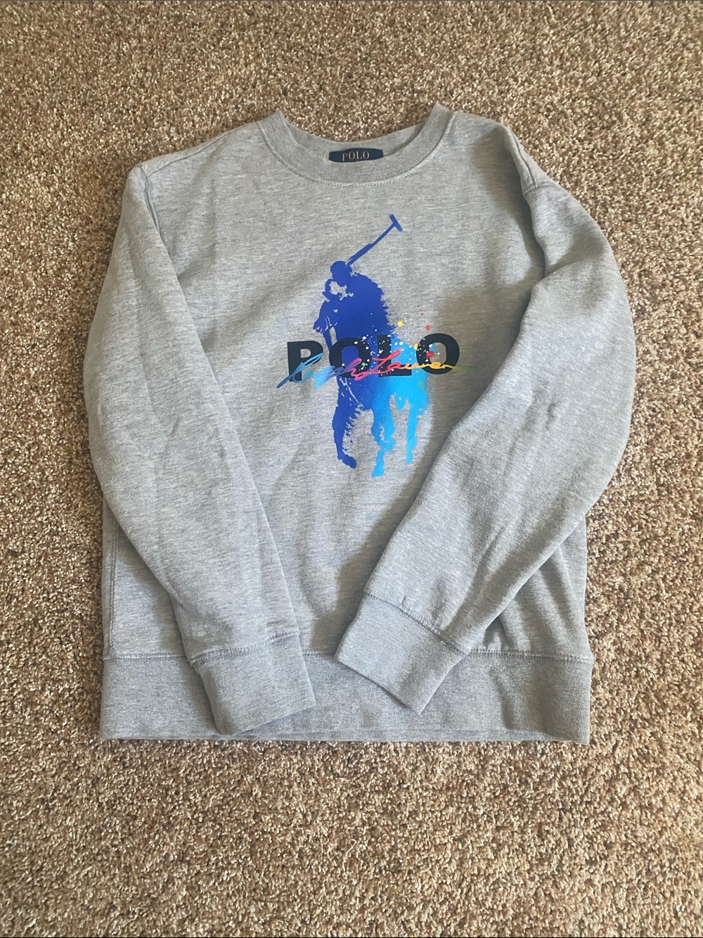 Polo by Ralph Lauren Light Gray Crewneck Sweatshirt with Blue Graphic